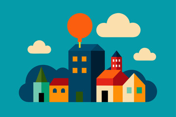 Charming cartoon illustration of a colorful whimsical cityscape with buildings and plants isolated on white background isolated on transparent background