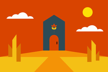 Charming cartoon illustration of a colorful whimsical cityscape with buildings and plants isolated on white background isolated on transparent background