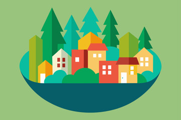 Charming cartoon illustration of a colorful whimsical cityscape with buildings and plants isolated on white background isolated on transparent background