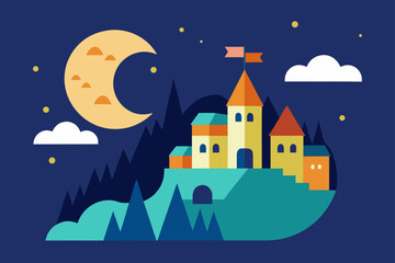 Charming cartoon illustration of a colorful whimsical cityscape with buildings and plants isolated on white background isolated on transparent background