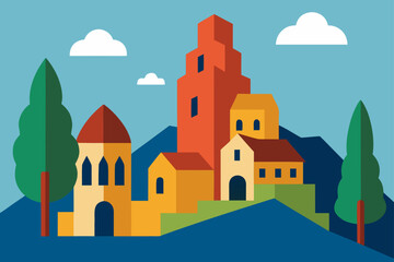 Charming cartoon illustration of a colorful whimsical cityscape with buildings and plants isolated on white background isolated on transparent background