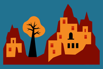 Charming cartoon illustration of a colorful whimsical cityscape with buildings and plants isolated on white background isolated on transparent background