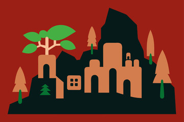 Charming cartoon illustration of a colorful whimsical cityscape with buildings and plants isolated on white background isolated on transparent background