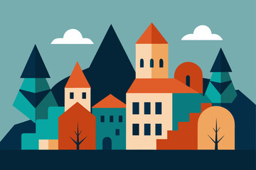 Charming cartoon illustration of a colorful whimsical cityscape with buildings and plants isolated on white background isolated on transparent background