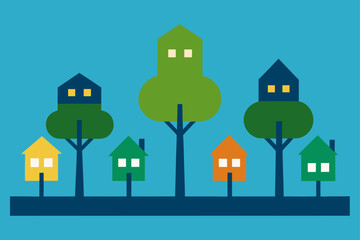 Charming cartoon illustration of a colorful whimsical cityscape with buildings and plants isolated on white background isolated on transparent background