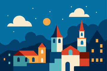 Charming cartoon illustration of a colorful whimsical cityscape with buildings and plants isolated on white background isolated on transparent background