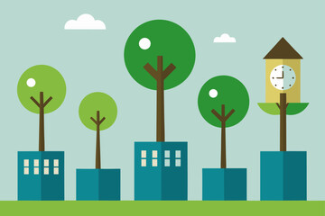 Charming cartoon illustration of a colorful whimsical cityscape with buildings and plants isolated on white background isolated on transparent background