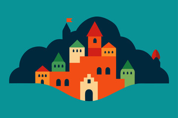 Charming cartoon illustration of a colorful whimsical cityscape with buildings and plants isolated on white background isolated on transparent background