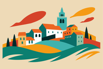 Charming cartoon illustration of a colorful whimsical cityscape with buildings and plants isolated on white background isolated on transparent background