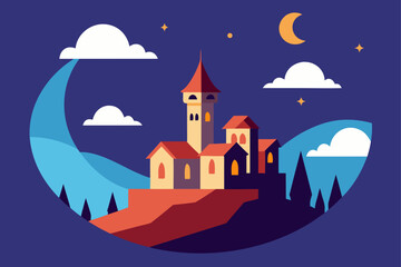 Charming cartoon illustration of a colorful whimsical cityscape with buildings and plants isolated on white background isolated on transparent background