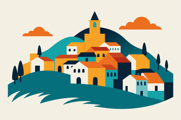 Charming cartoon illustration of a colorful whimsical cityscape with buildings and plants isolated on white background isolated on transparent background