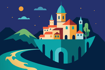 Charming cartoon illustration of a colorful whimsical cityscape with buildings and plants isolated on white background isolated on transparent background