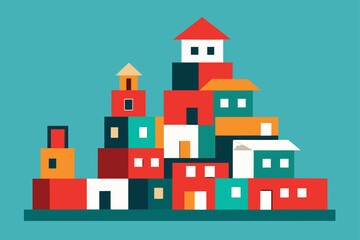 Charming cartoon illustration of a colorful whimsical cityscape with buildings and plants isolated on white background isolated on transparent background