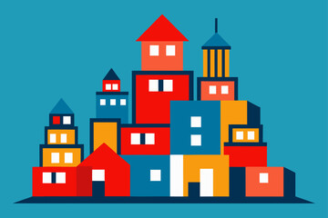 Charming cartoon illustration of a colorful whimsical cityscape with buildings and plants isolated on white background isolated on transparent background