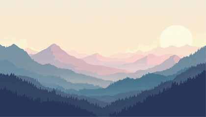 Obraz premium Colorful Mountain Landscape with Layers of Forest and Sunrise in Soft Pastel Tones