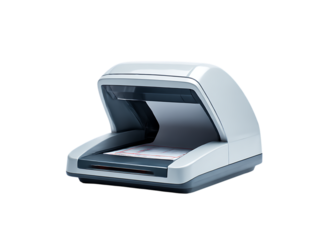 Modern document scanner with paper feed slot and internal scanning mechanism isolated on transparent background