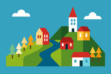 Charming Hilltop Village A Colorful Illustration of Rural Life