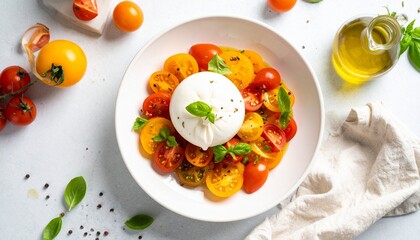 Fresh colorful cherry tomato salad with mozzarella cheese, basil leaves, herbs, olive oil, black pepper, served on white plate with scattered ingredients on light background