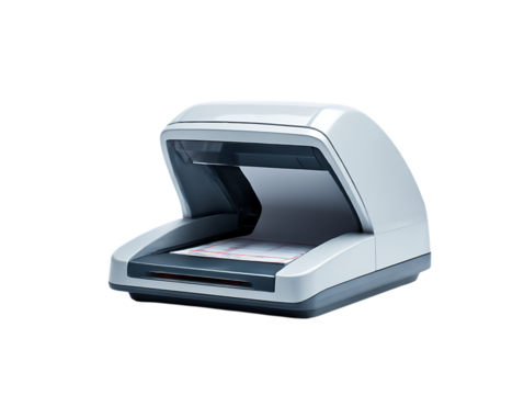 Modern document scanner with paper feed slot and internal scanning mechanism isolated on transparent background
