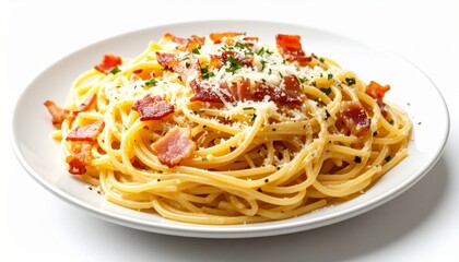 Delicious plate of spaghetti pasta with crispy bacon bits grated cheese and fresh herbs on a white plate, close-up view of Italian cuisine with warm colors and appetizing presentation