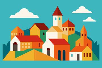 Charming Colorful Hilltop Village Illustration A Picturesque European Town
