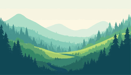 Serene Green Forest Landscape with Rolling Hills and Mountain Background in Digital Illustration