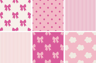 Pink festive vector seamless vector patterns set with ribbon bows, stripes, dots, clouds. Playful hand drawn pattern for fabric, wrapping, scrapbookig, textile design.
