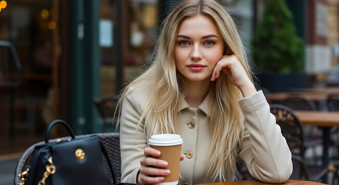 Hyper-realistic portrait of a skinny blonde Russian woman, 19 years old, having coffee outdoors, captured in cinematic soft lighting with professional magazine cover composition and depth of field