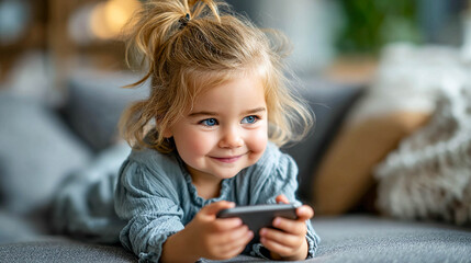 A little girl holds a smartphone in her hands and looks intently at the screen. She looks happy and engaged, with a soft light and a cozy setting in the background.