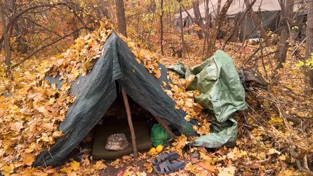 military camp in the forest. the simplest methods of camouflage are to cover the tent with tree leaves so that drones cannot see it from the air.