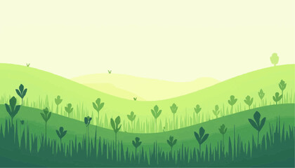 Obraz premium Abstract Green Hilly Landscape with Trees and Grass in Soft Pastel Colors