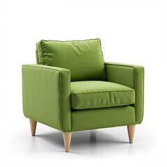 Green upholstered armchair with wooden legs in modern design  isolated on white background