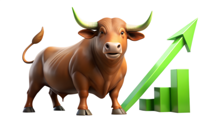 A bull market is represented by a bull and an upward trending graph isolated on transparent background