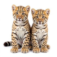 Obraz premium Two leopard cubs sitting closely together with playful expressions , isolated on white background