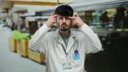 Obraz premium Young man in white coat playfully mimics facial expressions on outdoor restaurant terrace.