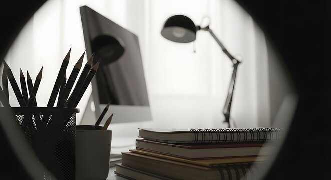 Dark Minimalist Workspace Still Life Pencils, Notebooks, and Computer