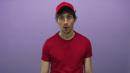 Young delivery man wearing a red cap and red tshirt with an open mouth gesture in purple studio; surprise shock awe wonder.