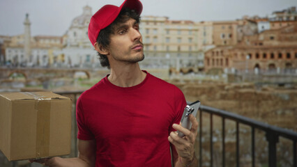 Man wearing red cap and shirt holds cardboard box and smartphone on roman street in soft morning...