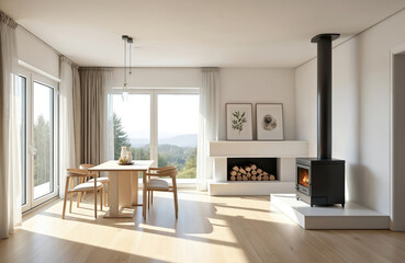 Fototapeta premium Modern living room features high ceiling, large windows, black wood-burning fireplace with mantel, furniture. White walls, dark wooden floor, large wooden dining table, black couch, coffee table