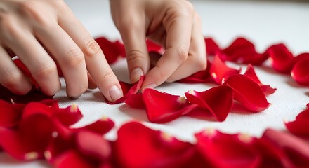 Woman arranging red rose petals in heart shape on white surface