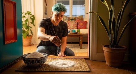 Man with blue hair creating a design with salt on the floor  