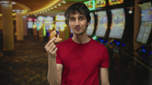 Man in red shirt holding donut chewing in casino against bright row of slot machine screens; satisfaction.