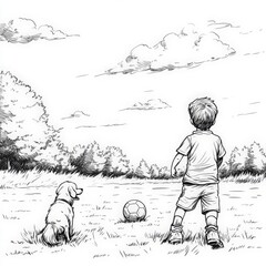 A boy and his dog enjoy a sunny day playing with a soccer ball
