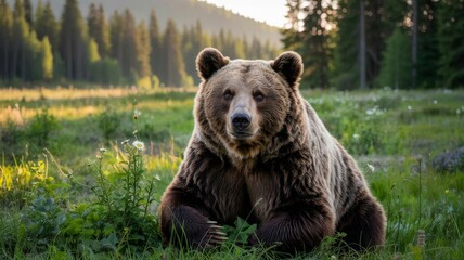 Fototapeta premium Majestic brown bear sits peacefully in a sunlit meadow surrounded by wildflowers and forest