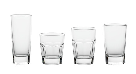 Four distinct, empty, polished clear glass tumblers, unique heights and shapes, arranged on a transparent studio background, high-angle UHD product shot with sharp focus and no shadows. Concept
