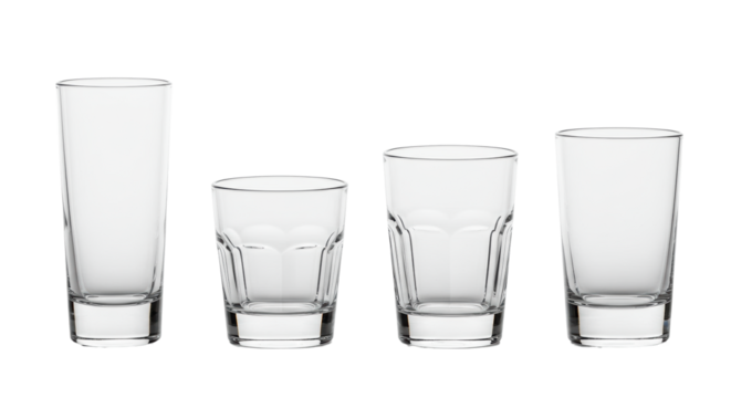 Four distinct, empty, polished clear glass tumblers, unique heights and shapes, arranged on a transparent studio background, high-angle UHD product shot with sharp focus and no shadows. Concept