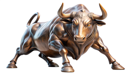 A bronze wall street bull statue isolated on transparent background