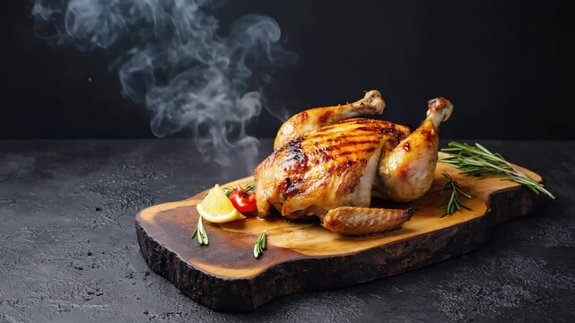 Pollo a la brasa, Grilled chicken, Roasted golden chicken served on a rustic wooden board, Deep brown hues with crispy skin, Evening light with smokey atmosphere
