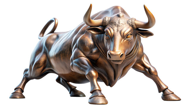 A bronze wall street bull statue isolated on transparent background