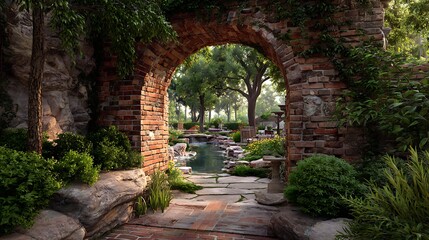 Fototapeta premium A rustic brick archway leading into a lush garden with stone pathways and water features